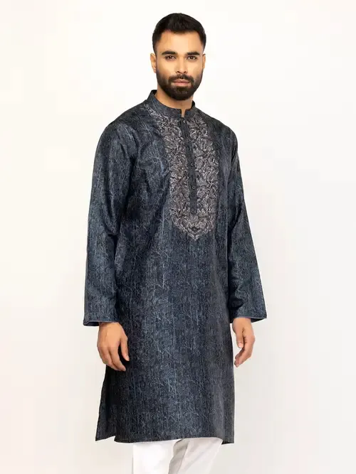 Teal Blue Printed and Embroidered Silk Panjabi Pajama Set